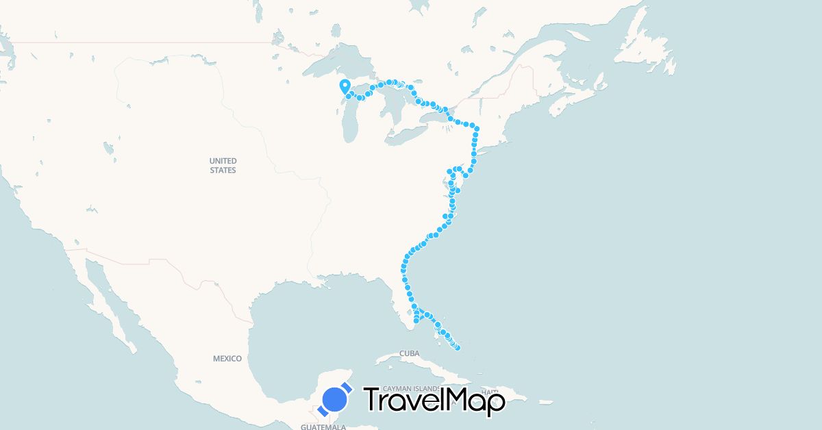 TravelMap itinerary: driving, boat in Bahamas, Canada, United States (North America)